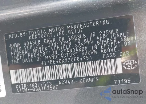 2007 Toyota Camry Le из США, поврежденный, VIN 4T1BE46KX7U664251